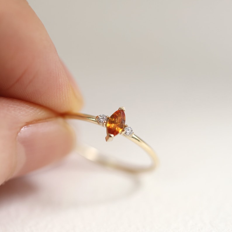 Orange Sapphire Marquise Diamond Ring Band, Engagement Wedding Ring, 10K 14K Solid Gold Ring, Diamond Ring, Stackable Rings, Gifts for Her