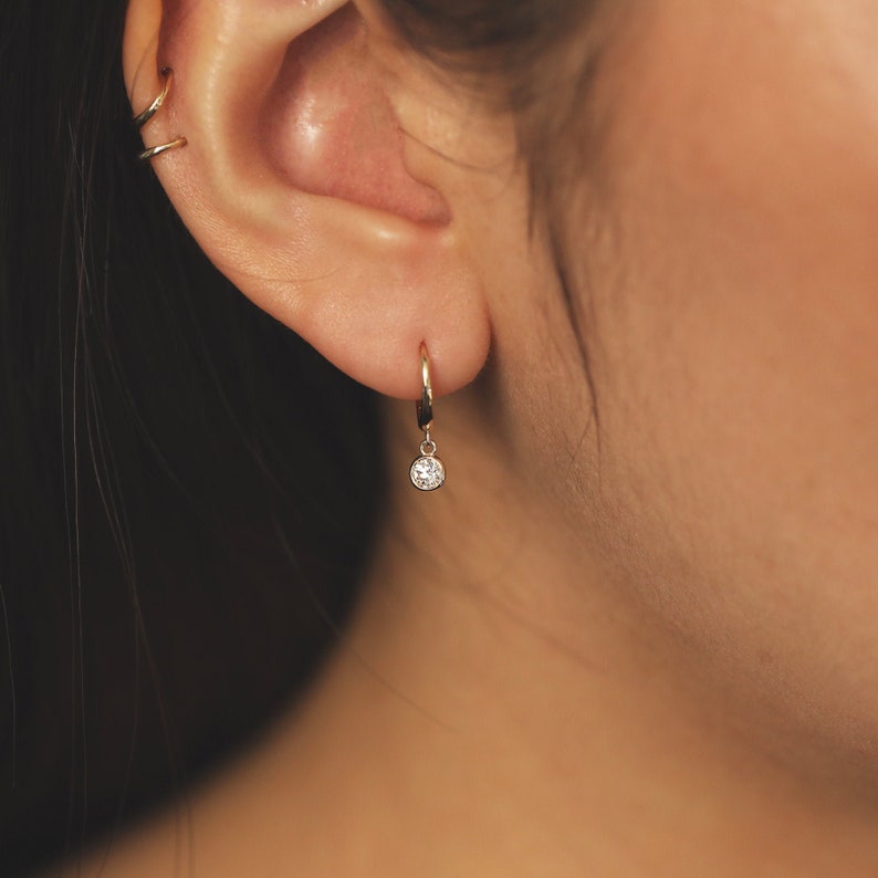 Diamond Earrings, 11mm Huggie Earrings, Dangle Charm Earrings, 14K / 18K Diamond Hoop Earrings, Diamond Dangle Earrings, Diamond Huggies