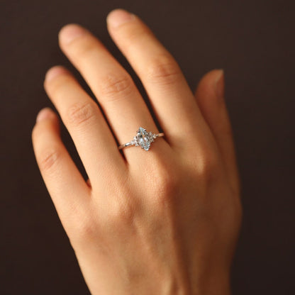 Vintage Style Aquamarine Ring, Aquamarine Eight Diamonds Ring, Aquamarine Birthstone Ring, Marquise Aquamarine Ring, Diamond Aquamarine Ring