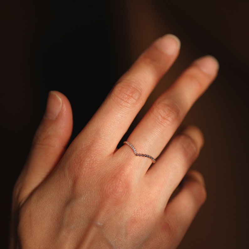 Mixed Bead and Diamond Duo Ring, Unique Chevron Diamond Ring, Beaded Chevron Wedding Ring, 14K Solid Gold Diamond Layering Ring, Guard Ring