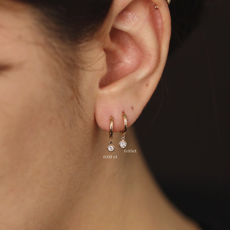 Diamond Earrings, 11mm Huggie Earrings, Dangle Charm Earrings, 14K / 18K Diamond Hoop Earrings, Diamond Dangle Earrings, Diamond Huggies